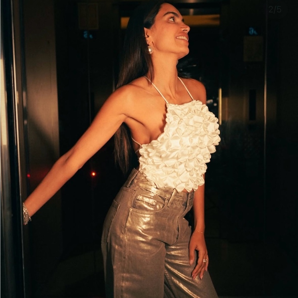 Zara top blouse ruched gathered white cropped satin